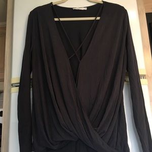size L boutique dark grey cross chest top